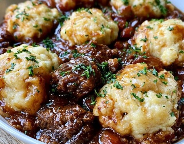 Beef stew with dumplings in a dutch oven, chunks of tender beef, carrots and potatoes in a rich brown gravy topped with golden fluffy dumplings, fresh thyme on top