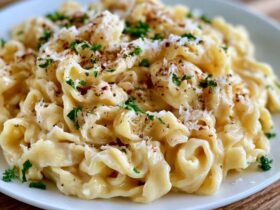 Fettuccine alfredo with parsley in a bowl, ribbons of fettuccine coated in a creamy white parmesan alfredo sauce, sprinkled with chopped parsley and black pepper