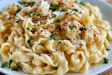 Fettuccine alfredo with parsley in a bowl, ribbons of fettuccine coated in a creamy white parmesan alfredo sauce, sprinkled with chopped parsley and black pepper