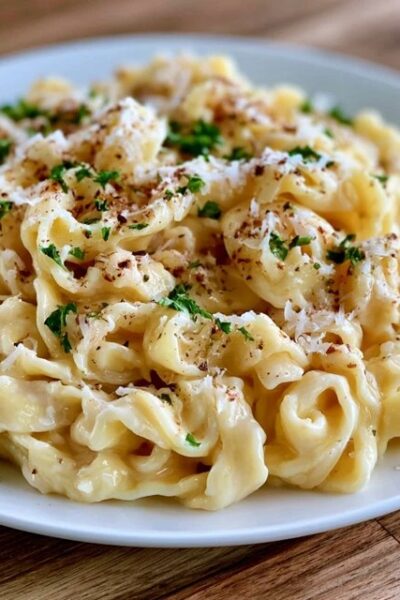 Fettuccine alfredo with parsley in a bowl, ribbons of fettuccine coated in a creamy white parmesan alfredo sauce, sprinkled with chopped parsley and black pepper