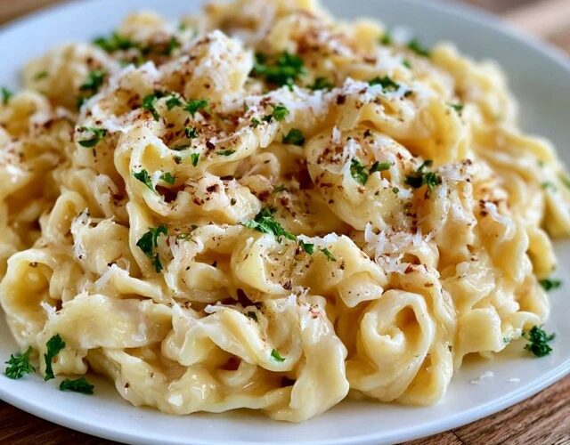 Fettuccine alfredo with parsley in a bowl, ribbons of fettuccine coated in a creamy white parmesan alfredo sauce, sprinkled with chopped parsley and black pepper