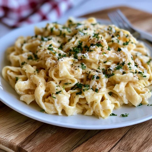 Close-up of fettuccine twirled on a fork coated in glossy creamy alfredo sauce with flecks of parsley and grated parmesan
