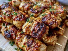 Grilled chicken skewers on a platter, charred marinated chicken chunks threaded with bell peppers, red onion and zucchini, sprinkled with parsley and lemon wedges