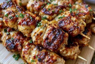 Grilled chicken skewers on a platter, charred marinated chicken chunks threaded with bell peppers, red onion and zucchini, sprinkled with parsley and lemon wedges