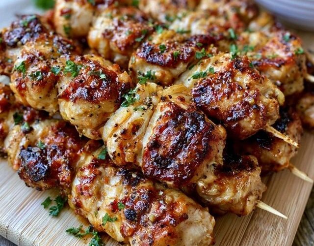 Grilled chicken skewers on a platter, charred marinated chicken chunks threaded with bell peppers, red onion and zucchini, sprinkled with parsley and lemon wedges