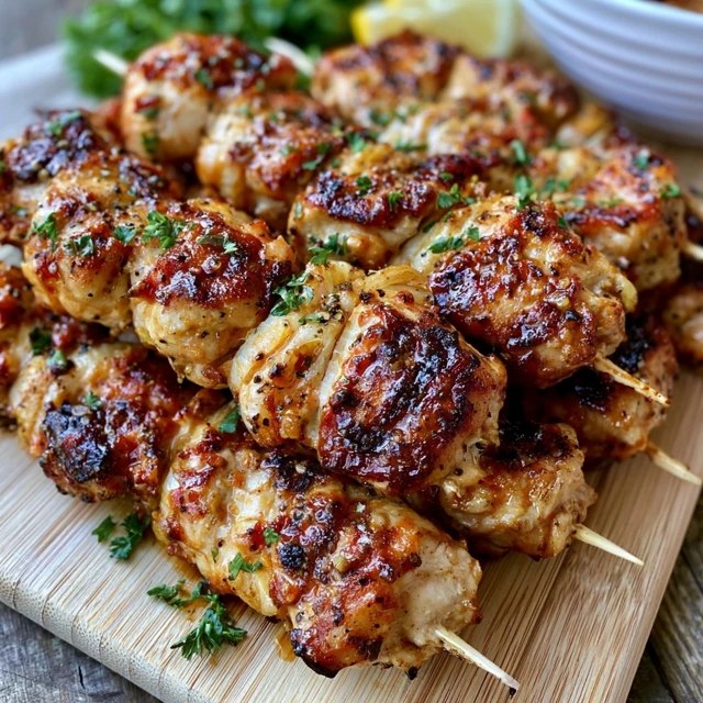 Grilled chicken skewers on a platter, charred marinated chicken chunks threaded with bell peppers, red onion and zucchini, sprinkled with parsley and lemon wedges