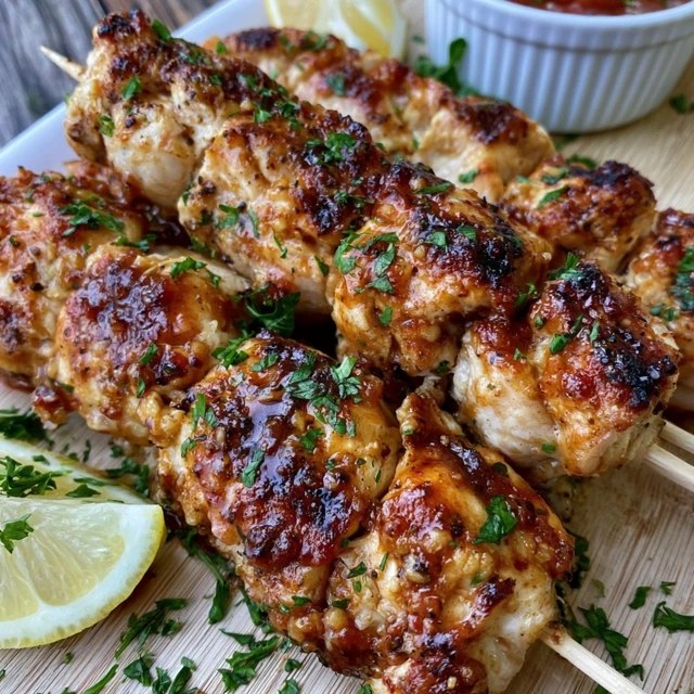 Close-up of juicy grilled chicken skewers with golden charred edges and colorful grilled vegetables between the chicken pieces